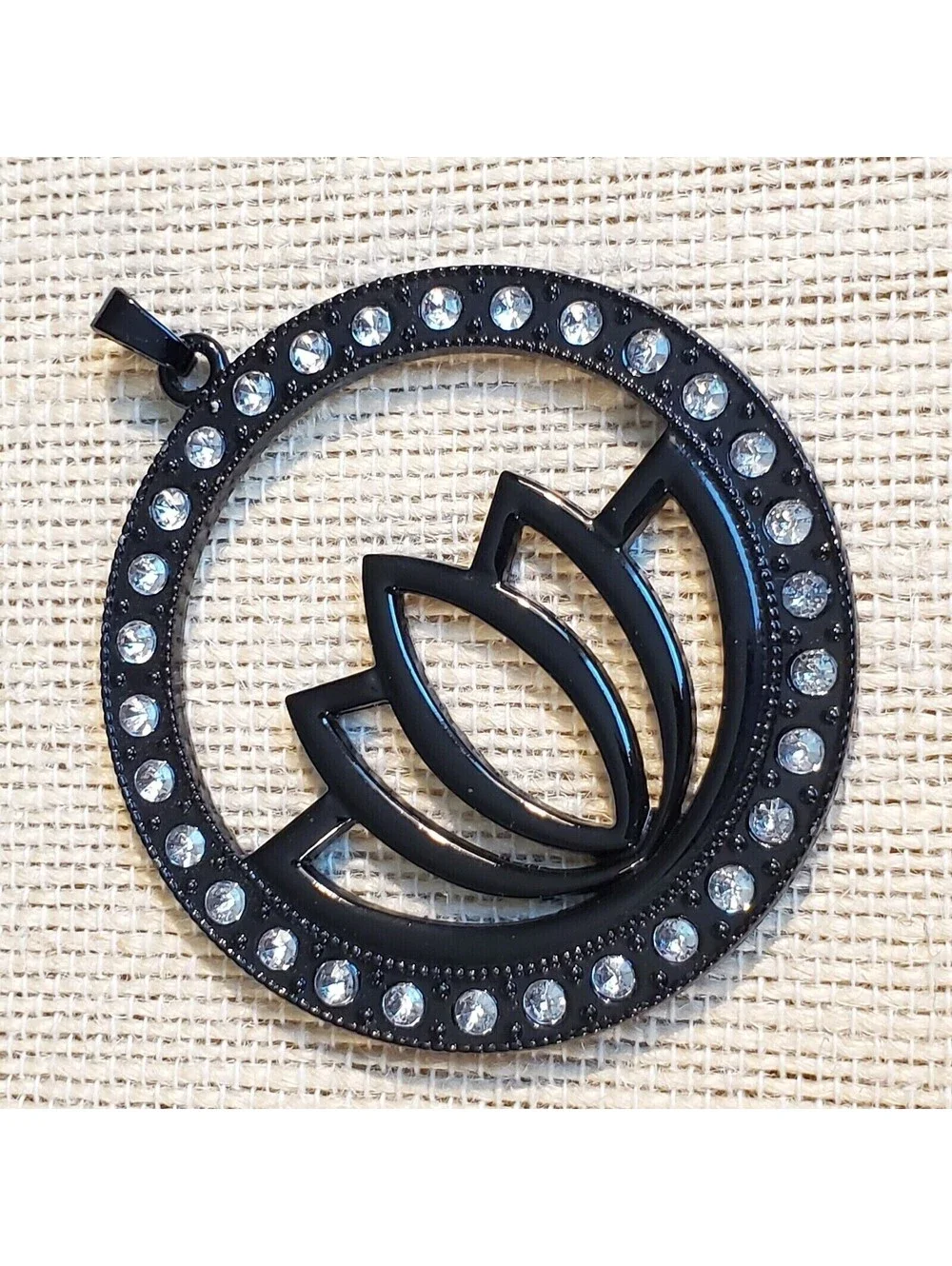 Art Deco Black Lacquer Lotus Flower Yoga Zen Large 63x54mm Crystal Pendant